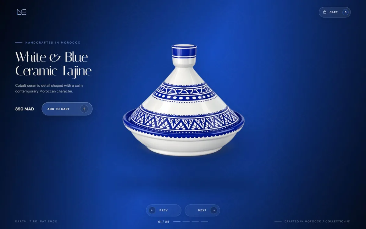 SM Tajine website featuring a white and cobalt-blue Moroccan ceramic tajine.